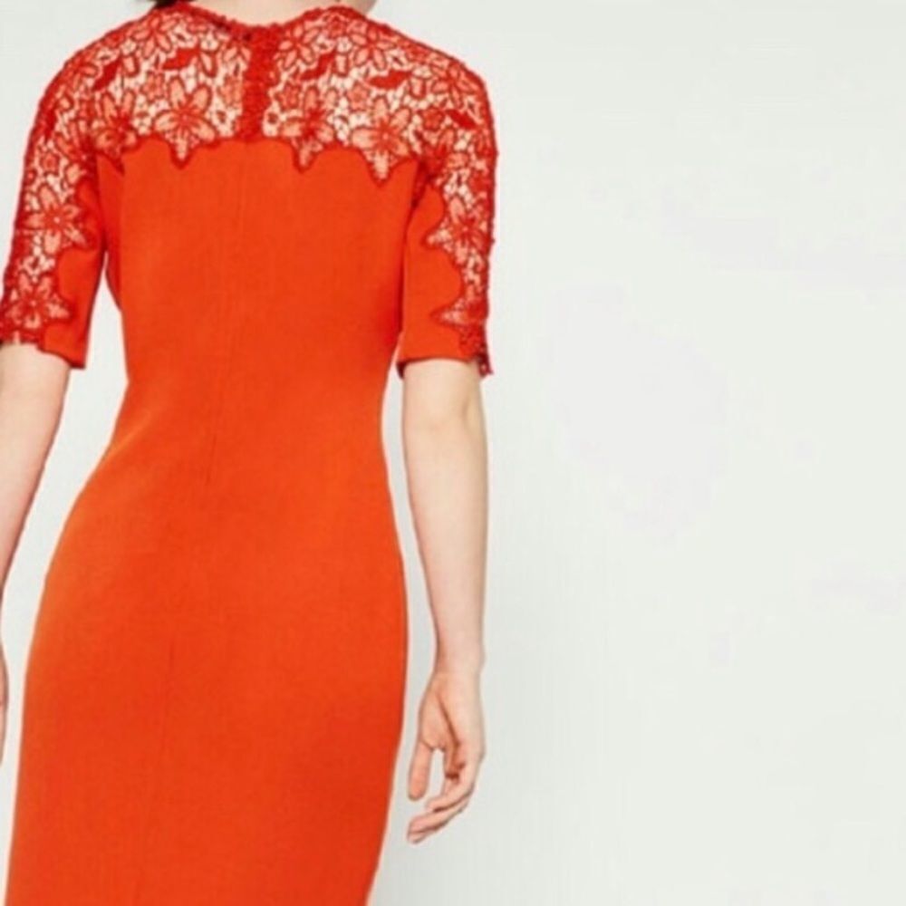 Zara Midi Dress Floral Lace Detail Orange Red Size Small - Picture 3 of 10